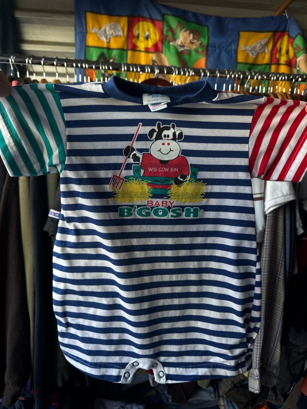 Bogner Baby B'gosh Navy & White Striped Romper with Red and Teal Sleeves
